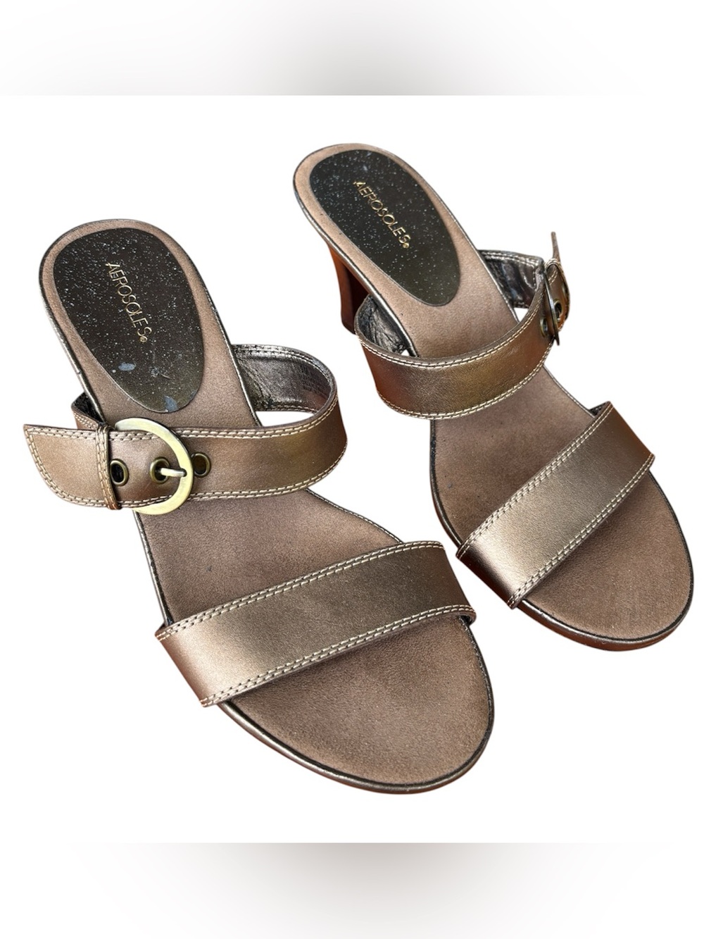 AEROSOLES Metallic Bronze Double-Strap Slide Mules Heels Roter Skate Size 9